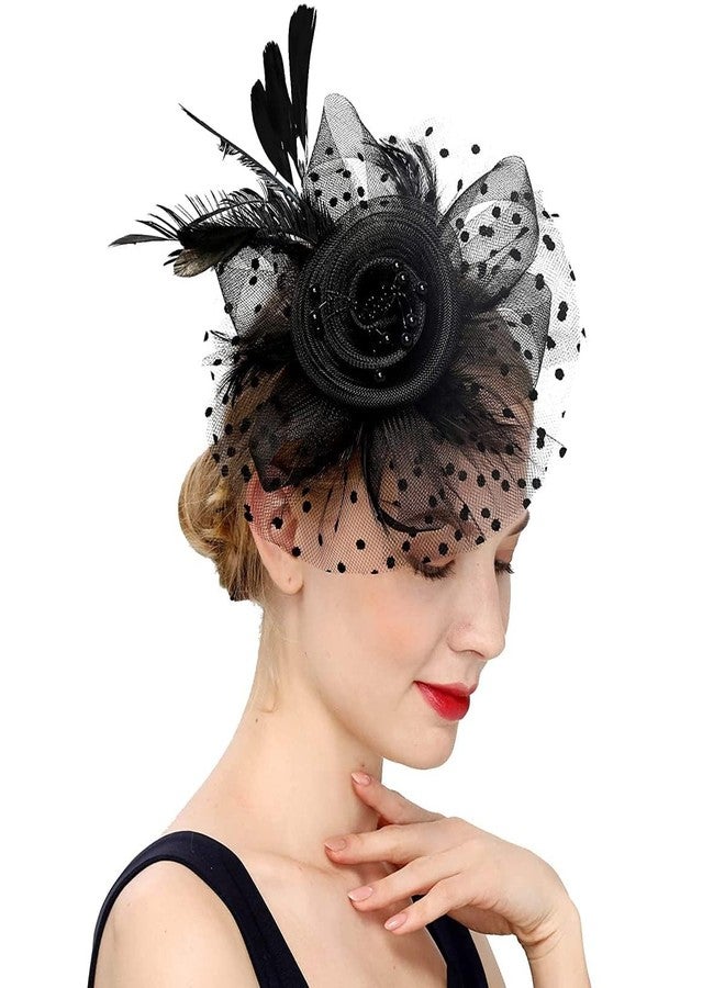 DMDENT Fascinator Hats for Women, Flower Feathers Headband Hat with Mesh Veil, Cocktail Tea Party Headwear, Vintage Ladies Hair Clip Fascinators for Party Wedding Halloween (Black) - Image 1